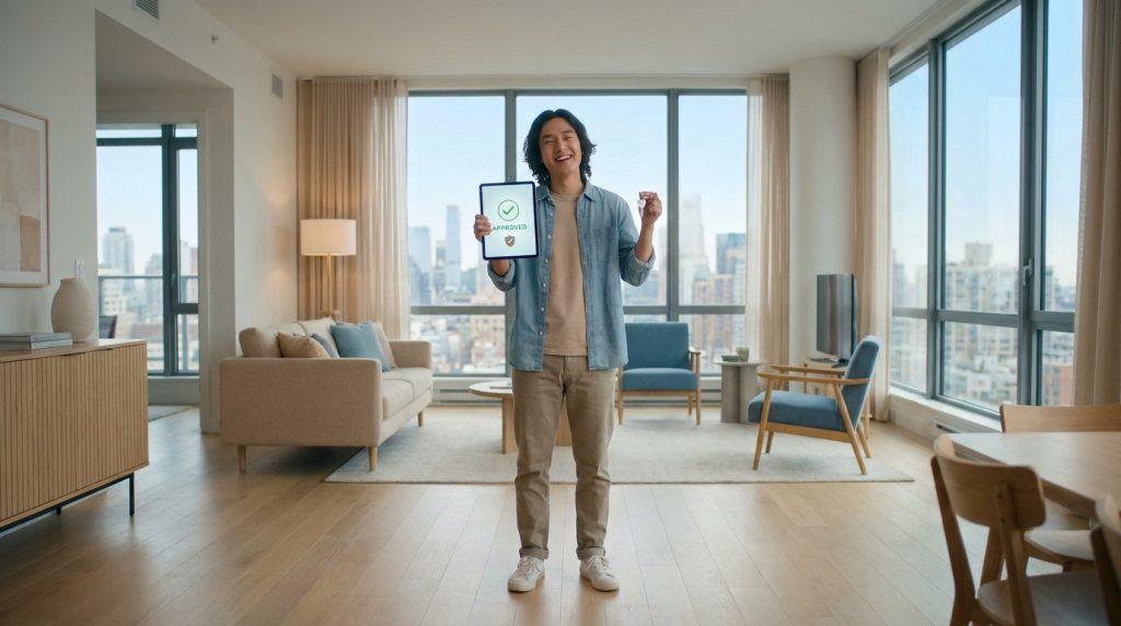 Un jeune homme souriant dans un appartement moderne, tenant une tablette affichant "Approuvé" et des clés de logement.