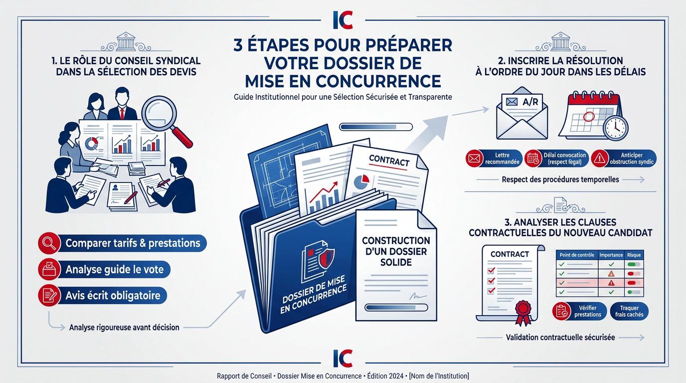 Conseil syndical analysant des dossiers de mise en concurrence pour changer de syndic