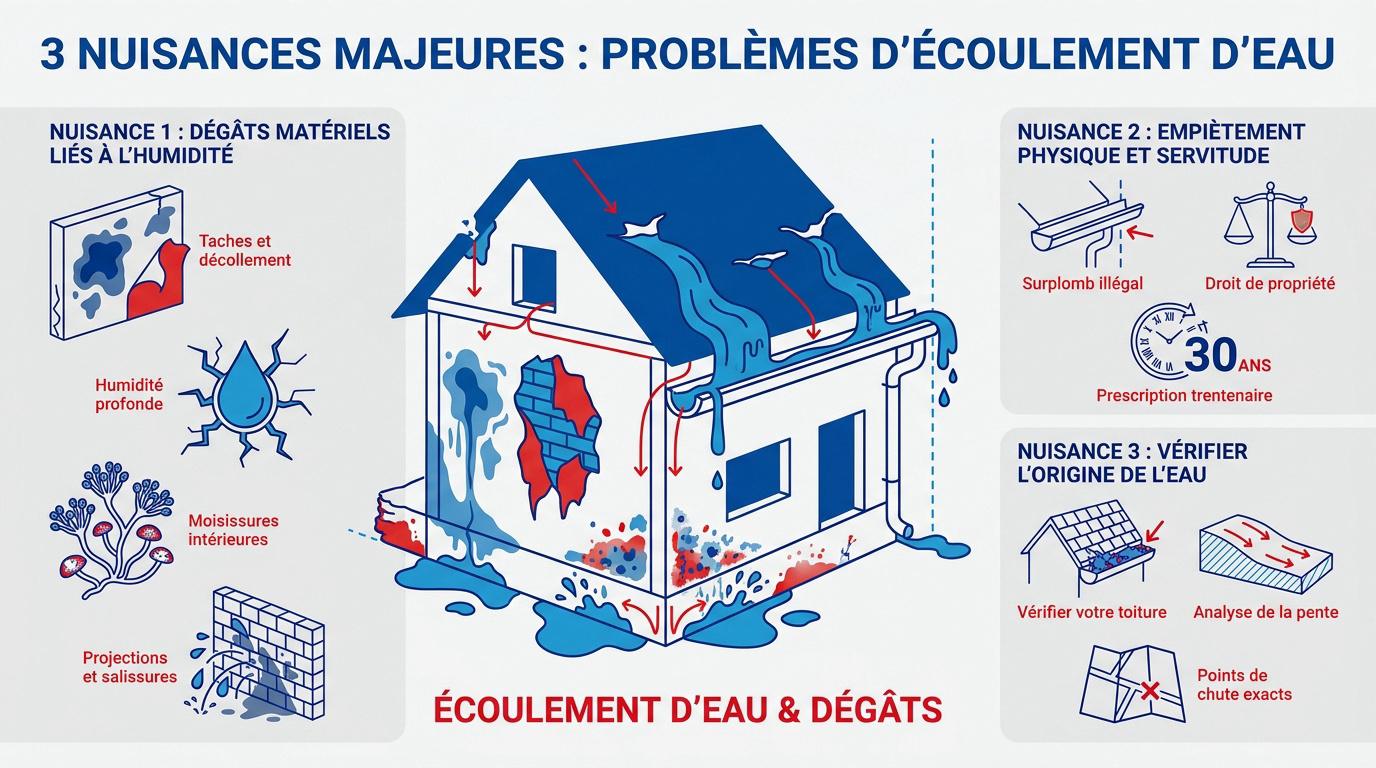 Dégâts causés par une gouttière qui déborde sur une façade de maison