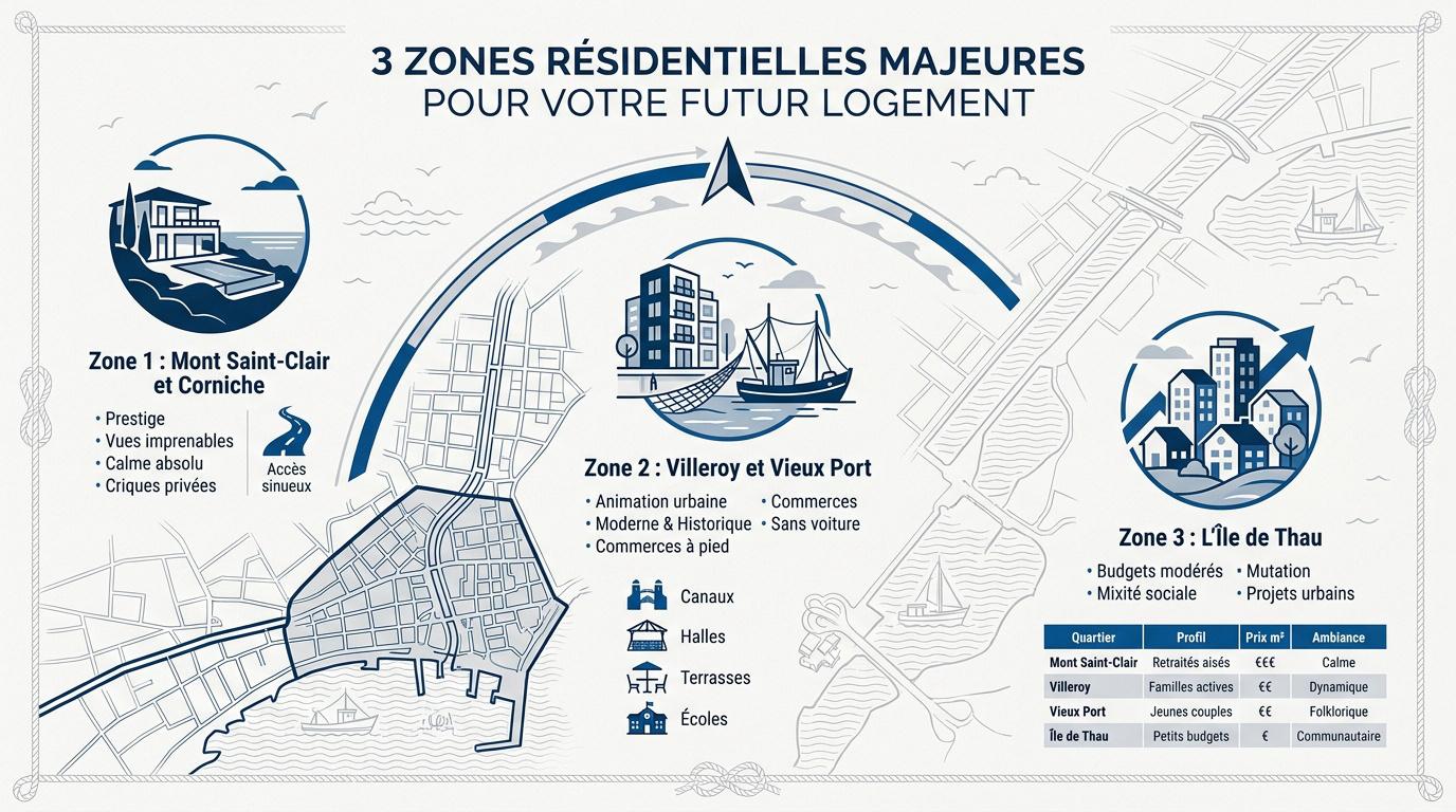 Vue panoramique des quartiers résidentiels de Sète entre mer et canaux