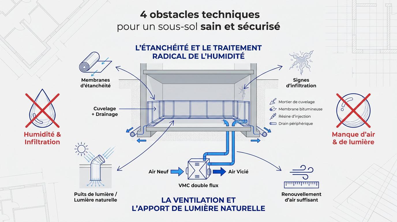 Travaux d'étanchéité et de ventilation dans une cave de copropriété
