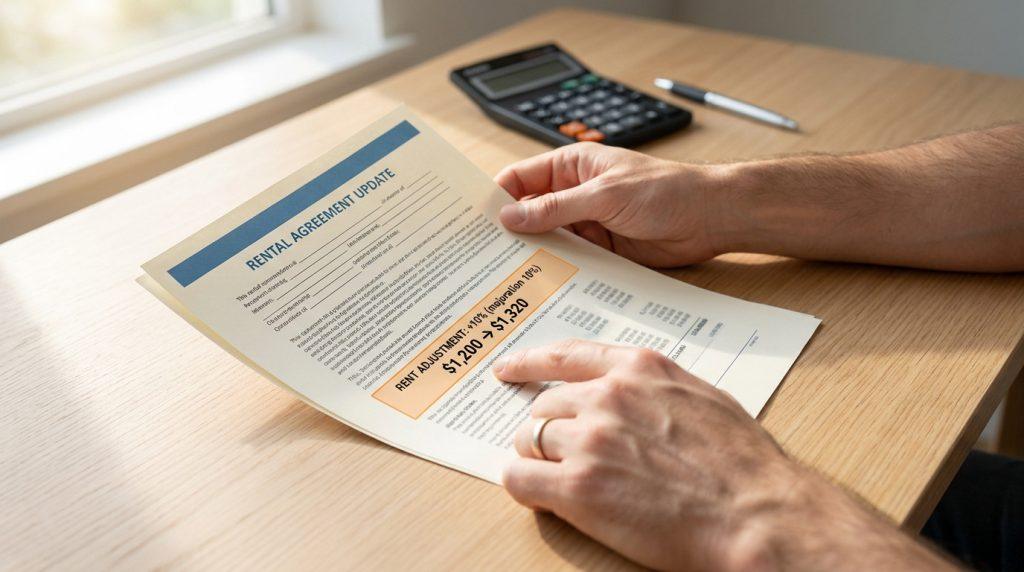 Mains tenant un document de mise à jour de contrat de location indiquant une augmentation de loyer de 10 %.