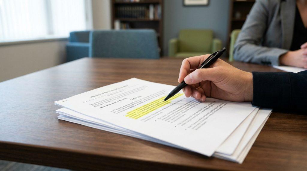 Une main surligne un document intitulé "Minutes of the General Assembly" sur une table en bois dans un bureau.
