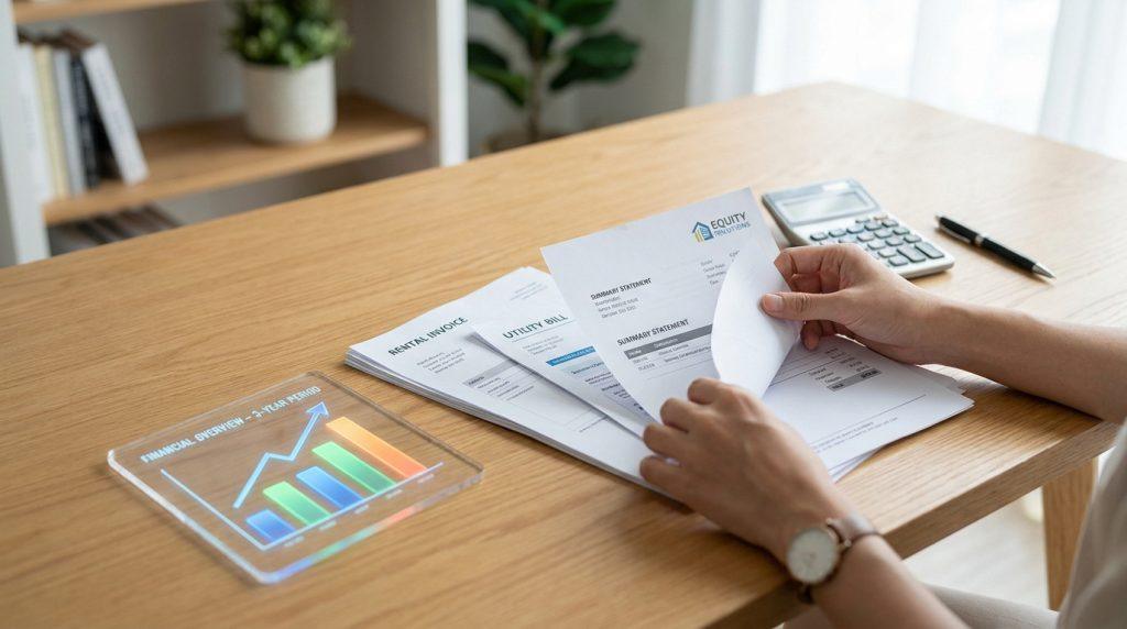 Mains feuilletant des documents financiers et factures sur un bureau en bois avec un graphique de croissance en verre.