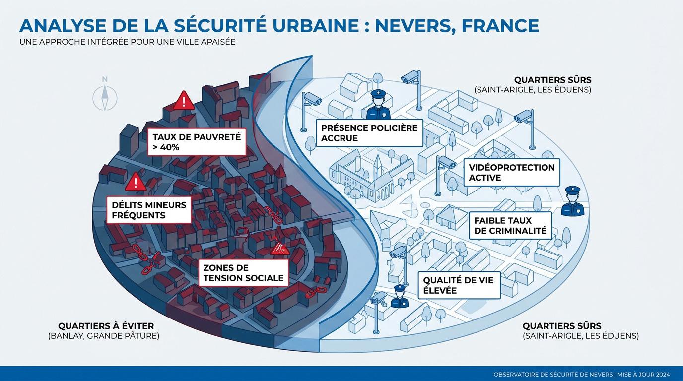 Analyse de la sécurité urbaine à Nevers montrant les zones de vigilance et les quartiers résidentiels sûrs
