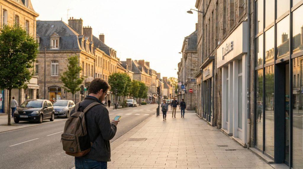 Un homme avec un sac à dos regarde son téléphone sur un trottoir d'une rue historique d'Alençon au soleil couchant.