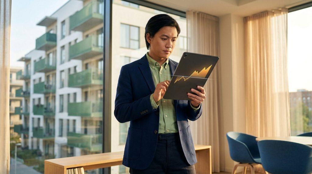 Un homme d'affaires consulte une tablette affichant un graphique financier devant une fenêtre donnant sur des immeubles.