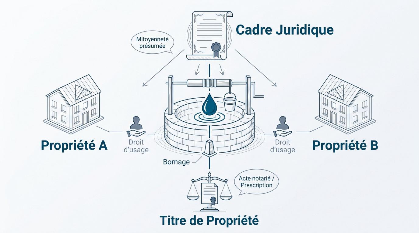 Schéma juridique d'un puits situé en limite de propriété entre deux voisins