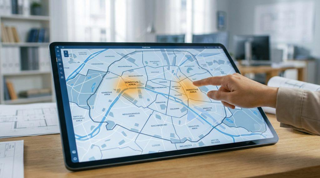 Main pointant vers une carte numérique interactive affichant des zones sensibles marquées en orange sur une tablette.