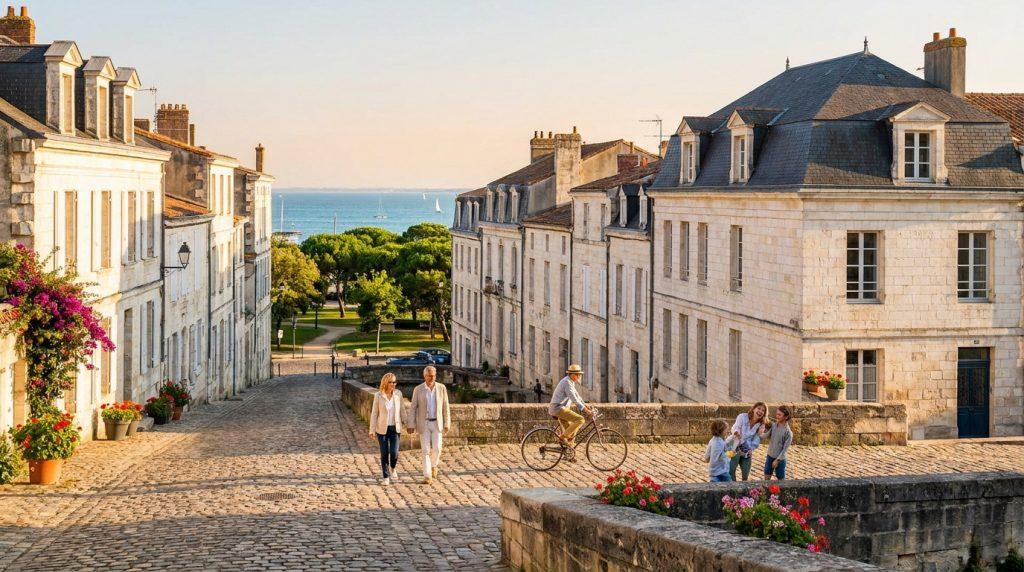 Une rue pavée pittoresque à La Rochelle avec des bâtiments historiques en pierre, des passants et une vue sur la mer.