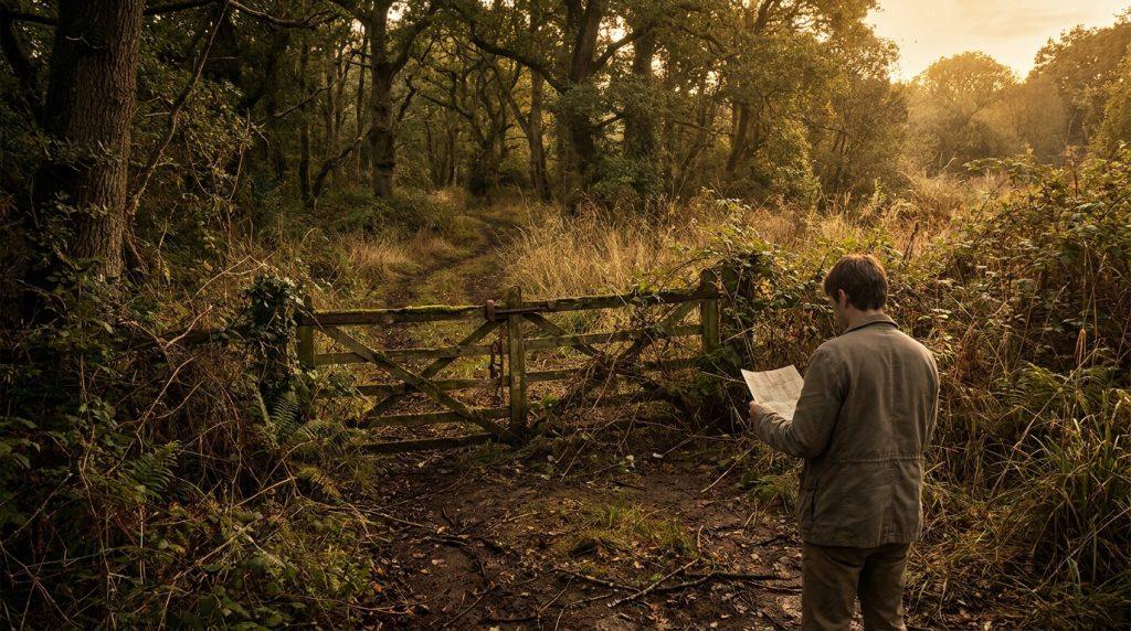 Un homme examine une carte devant une vieille barrière en bois fermant un chemin forestier abandonné.