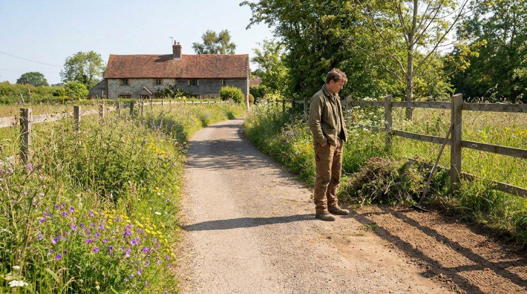 Un homme en vêtements de travail debout sur un chemin de terre devant une maison ancienne avec des champs fleuris.