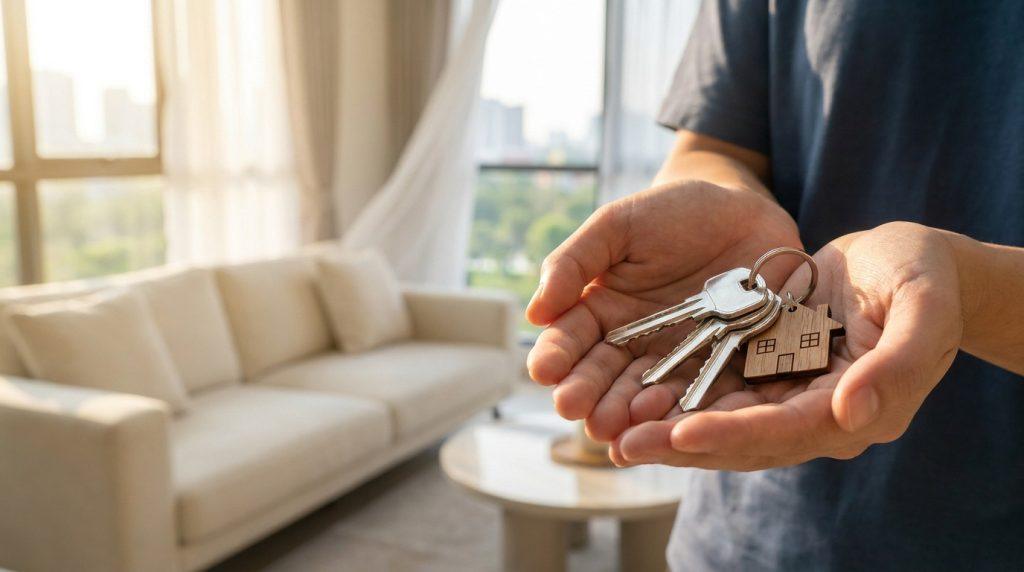 Mains tenant des clés avec un porte-clés en forme de maison devant un salon lumineux.