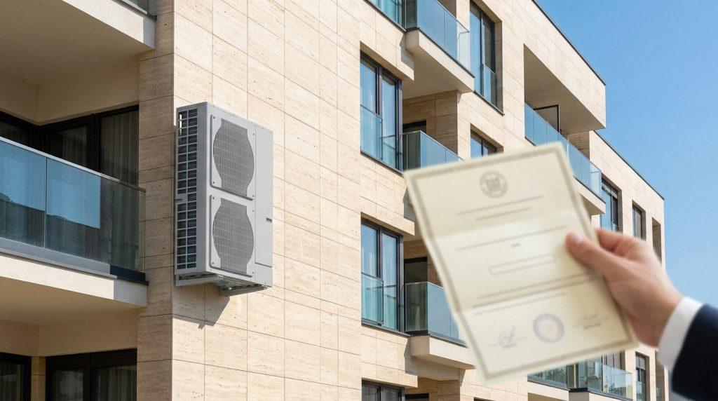 Une main présente un document officiel devant un immeuble moderne équipé d'une unité de climatisation extérieure.
