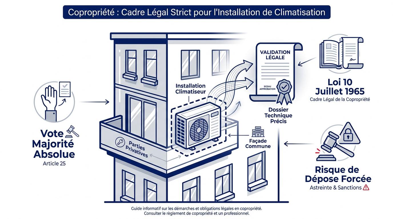 Unité de climatisation installée sur une façade de bâtiment en copropriété