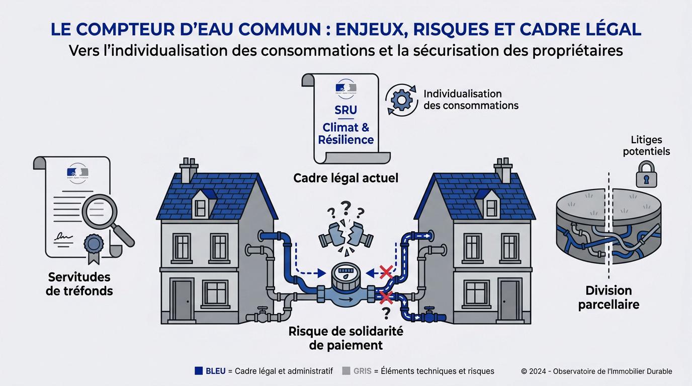 Schéma d'un compteur d'eau partagé entre deux habitations mitoyennes montrant les risques de fuites et de litiges
