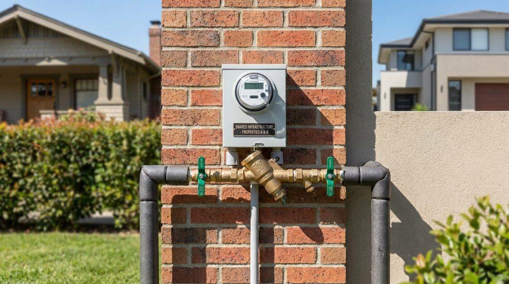 Compteur d'eau et vannes installés sur un pilier en briques entre deux maisons.