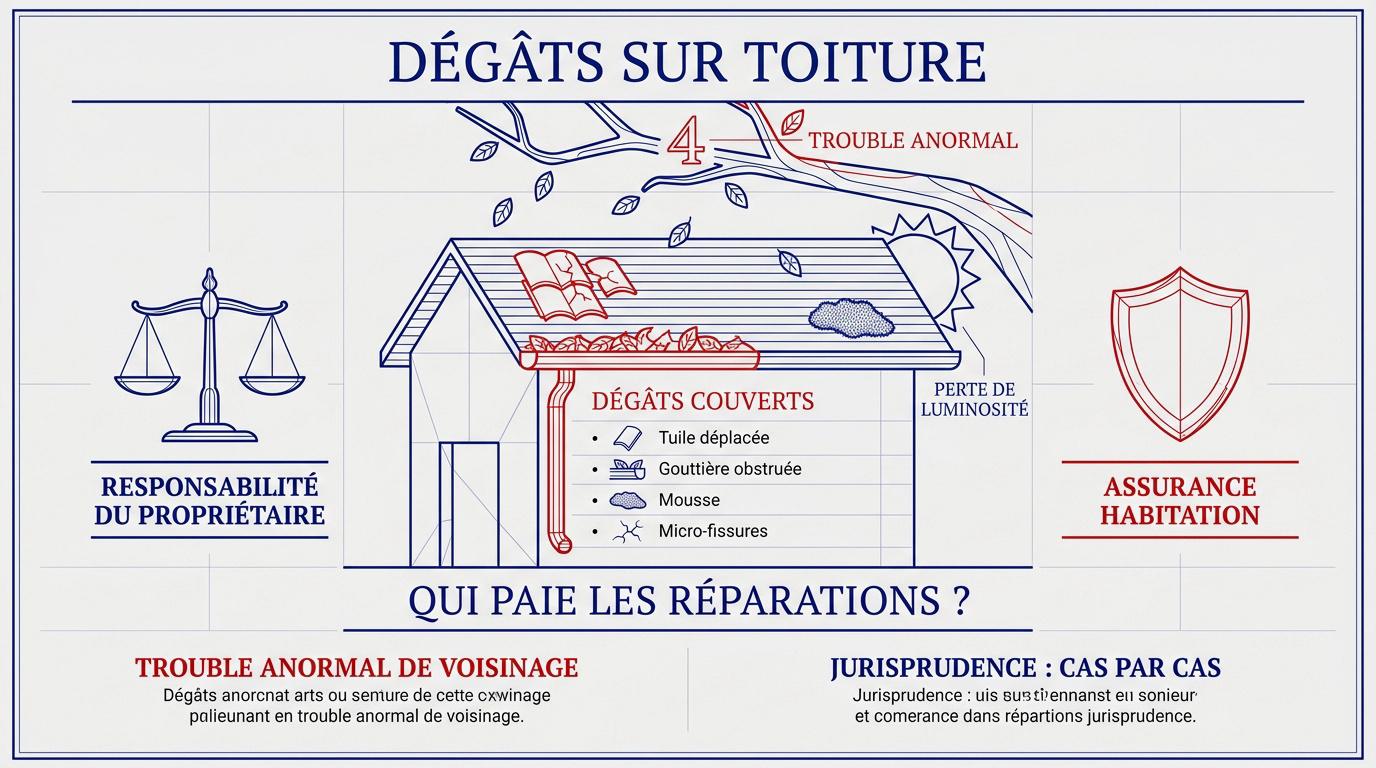 Dégâts sur une toiture causés par les branches d'un arbre voisin