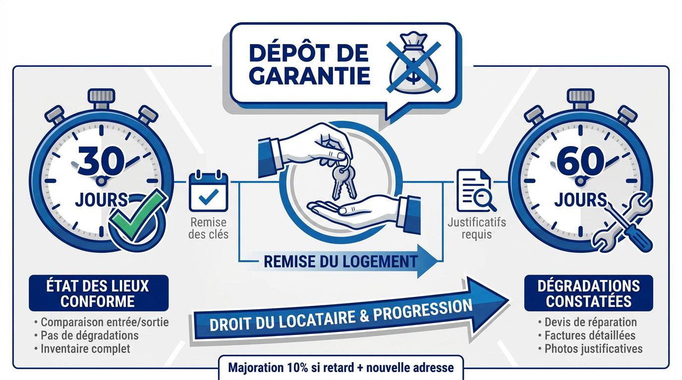 Tableau récapitulatif des délais de restitution du dépôt de garantie et majorations de 10 pour cent