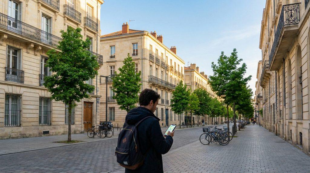 Un homme avec un sac à dos regarde son smartphone dans une rue pavée bordée d'immeubles classiques et d'arbres.