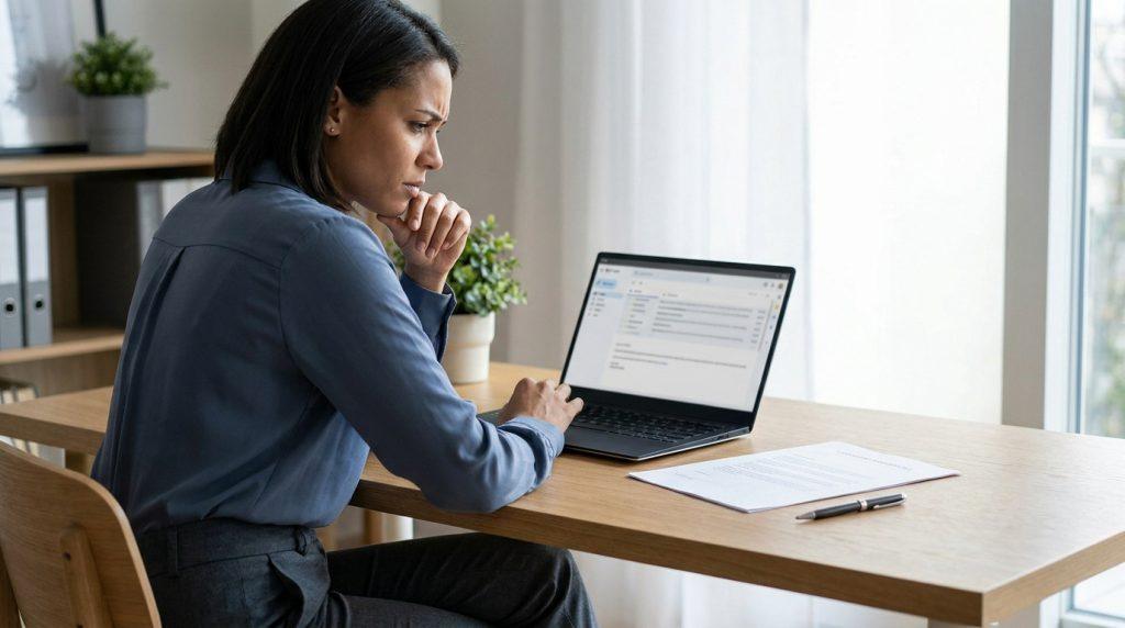 Une femme préoccupée devant son ordinateur portable attendant une réponse par mail.