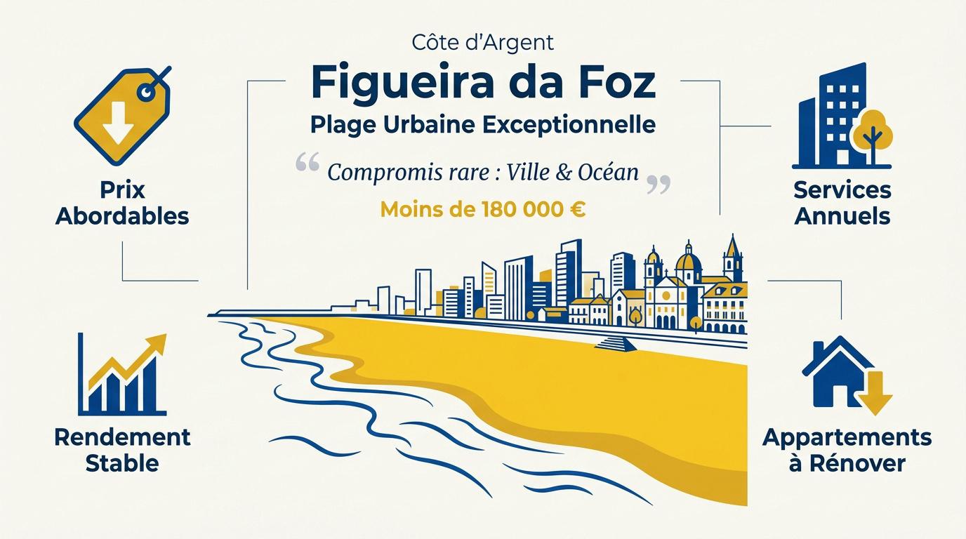 Vue aérienne de la plage urbaine et du front de mer de Figueira da Foz au Portugal