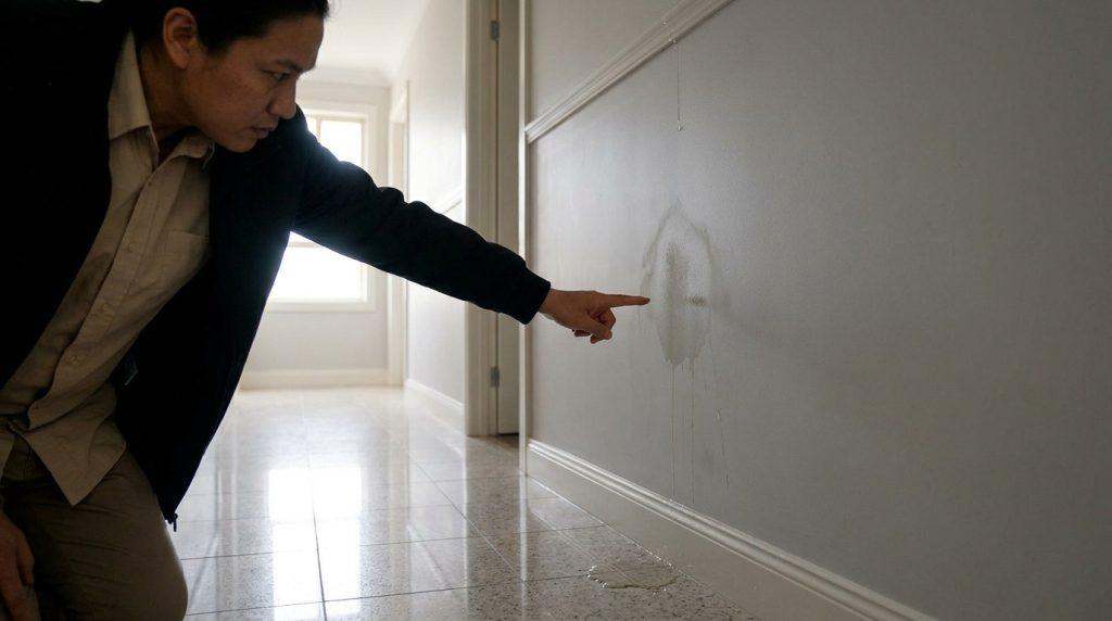Un homme examine une trace d'humidité et une fuite d'eau sur le mur d'un couloir d'immeuble.