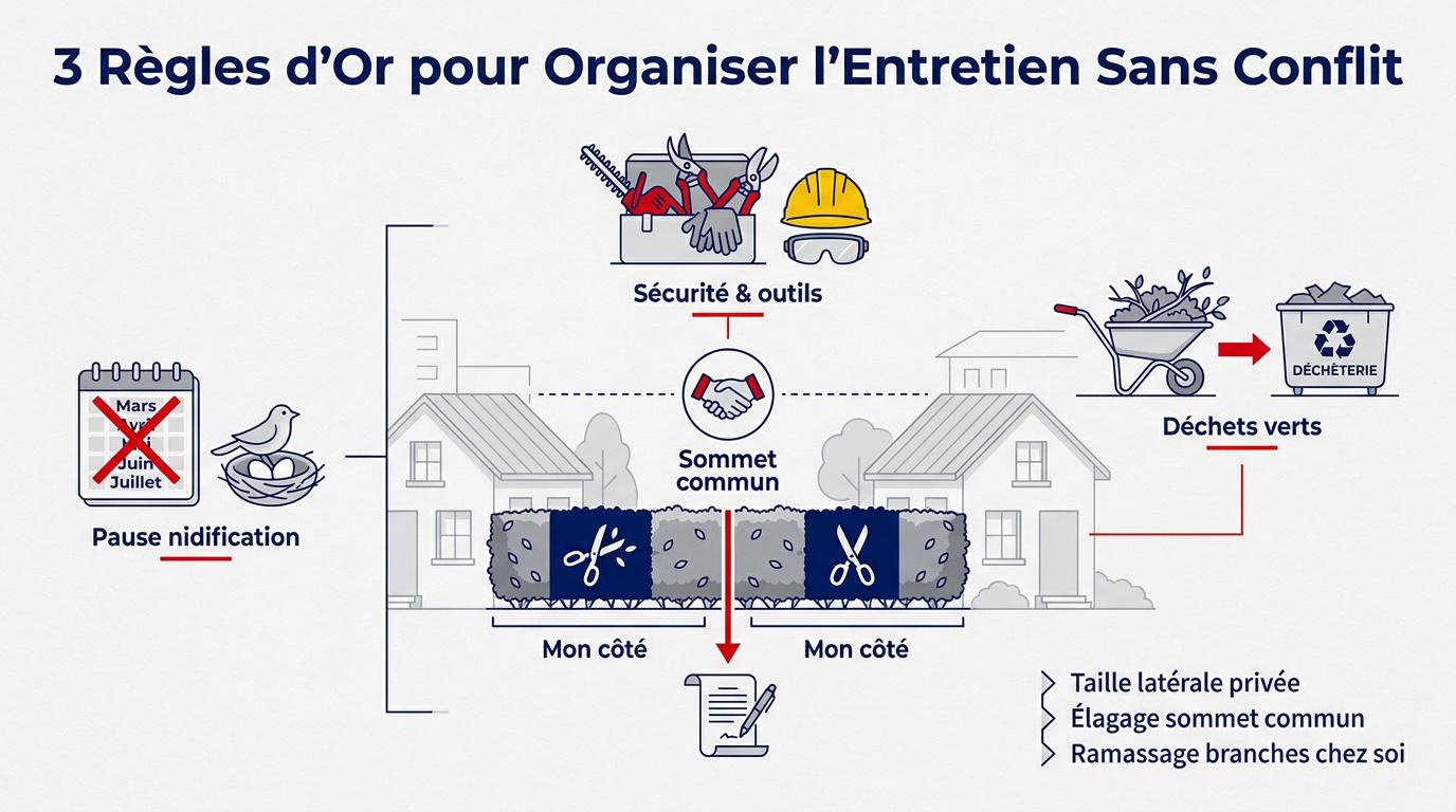 Voisins discutant de l'entretien d'une haie mitoyenne