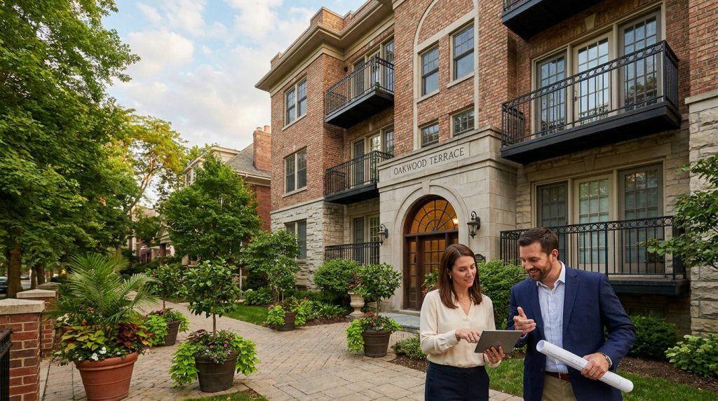 Un homme et une femme discutent devant l'immeuble Oakwood Terrace avec une tablette et des plans.