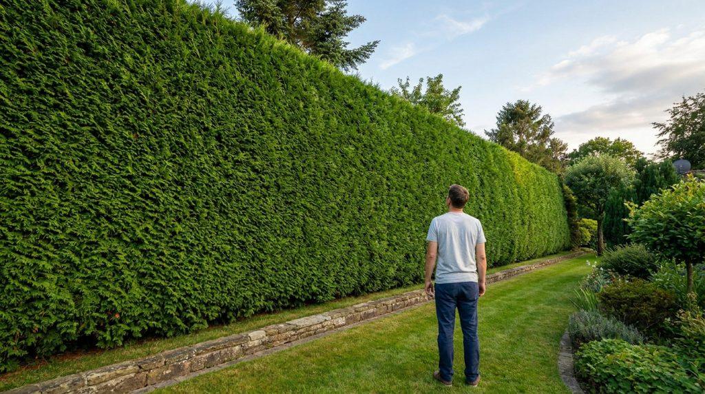 Un homme regarde une très haute haie de conifères dans un jardin pour évaluer sa hauteur par rapport à la loi.