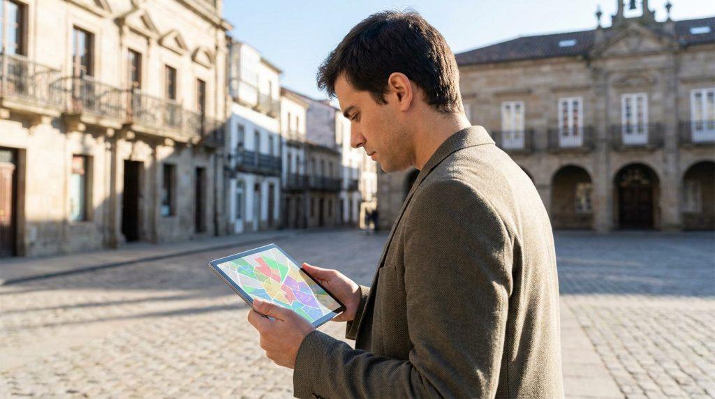 Un homme examine une carte interactive sur une tablette numérique au cœur d'une place historique pavée.