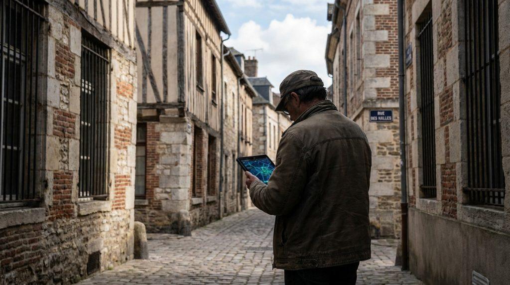 Un homme examine une carte numérique sur une tablette dans une ruelle médiévale pavée de Chartres.