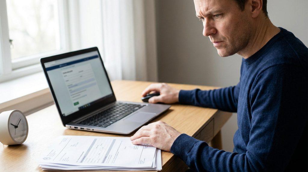 Un homme concentré consulte des documents administratifs sur son ordinateur portable pour renouveler son logement social.