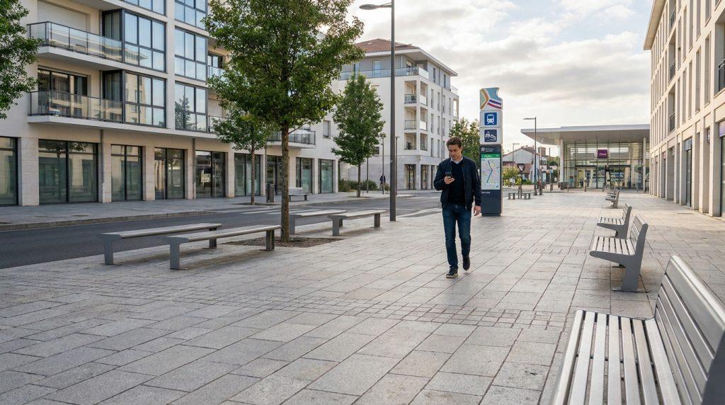 Un homme marche seul avec son smartphone sur une place urbaine moderne et calme à Dax.