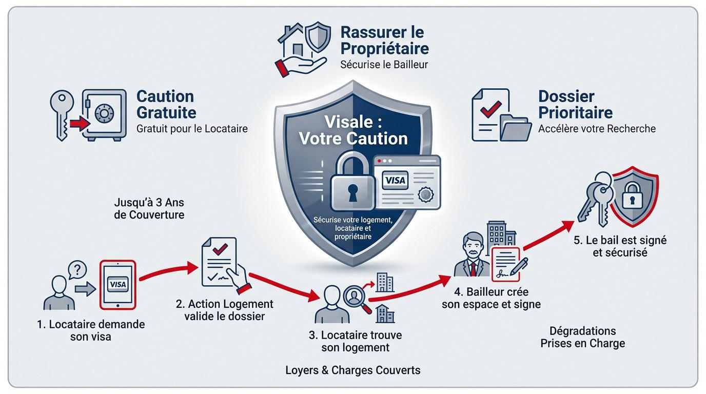 Infographie explicative sur le fonctionnement de la garantie Visale pour sécuriser une location