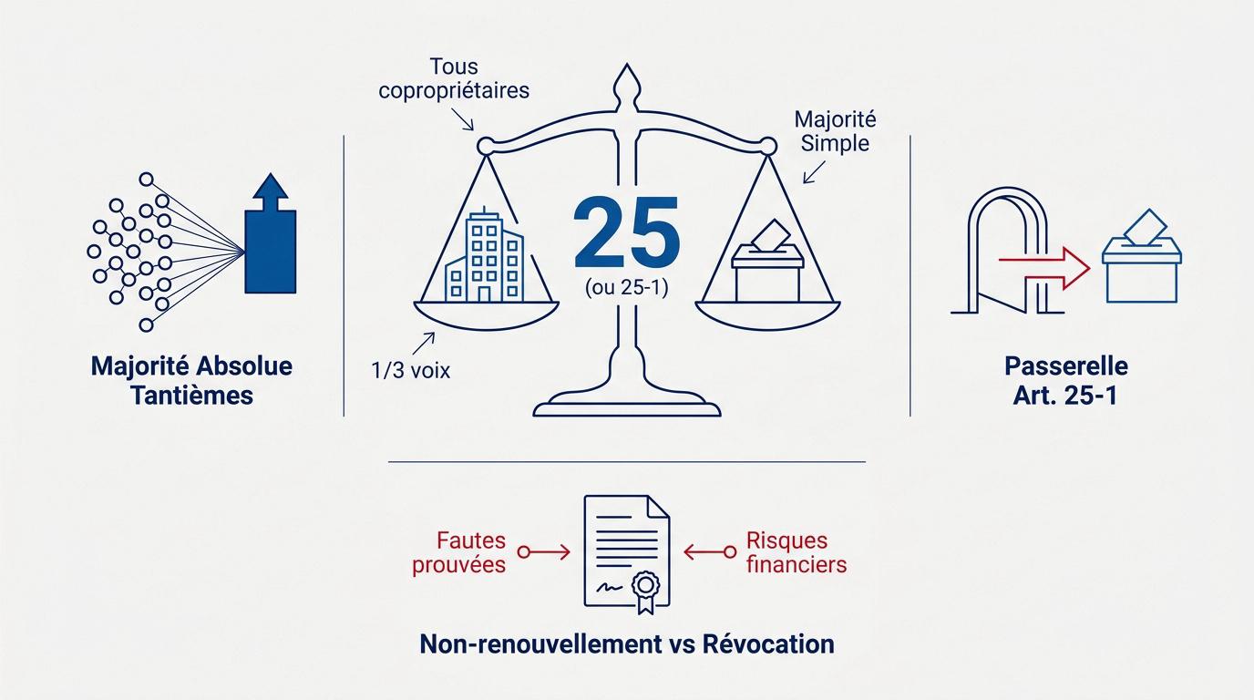 Infographie expliquant la majorité absolue et la passerelle de l'article 25-1 pour le changement de syndic