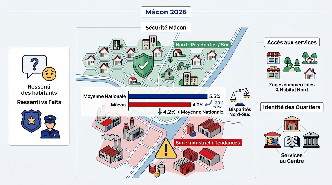 Infographie sur la sécurité et les disparités géographiques entre le nord et le sud de Mâcon