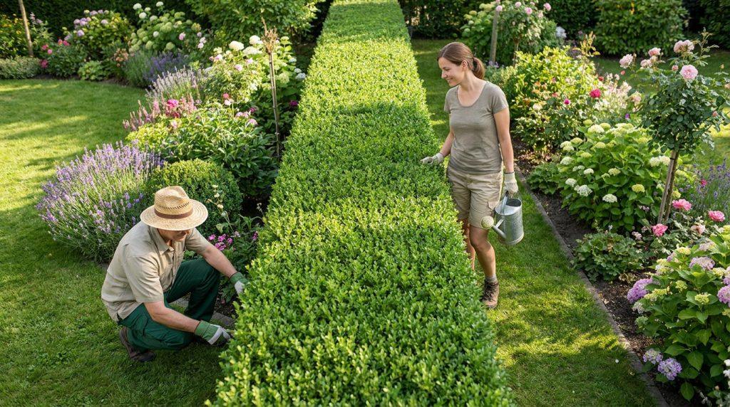 Un homme et une femme s'occupant d'une haie bien taillée dans un jardin fleuri ensoleillé.