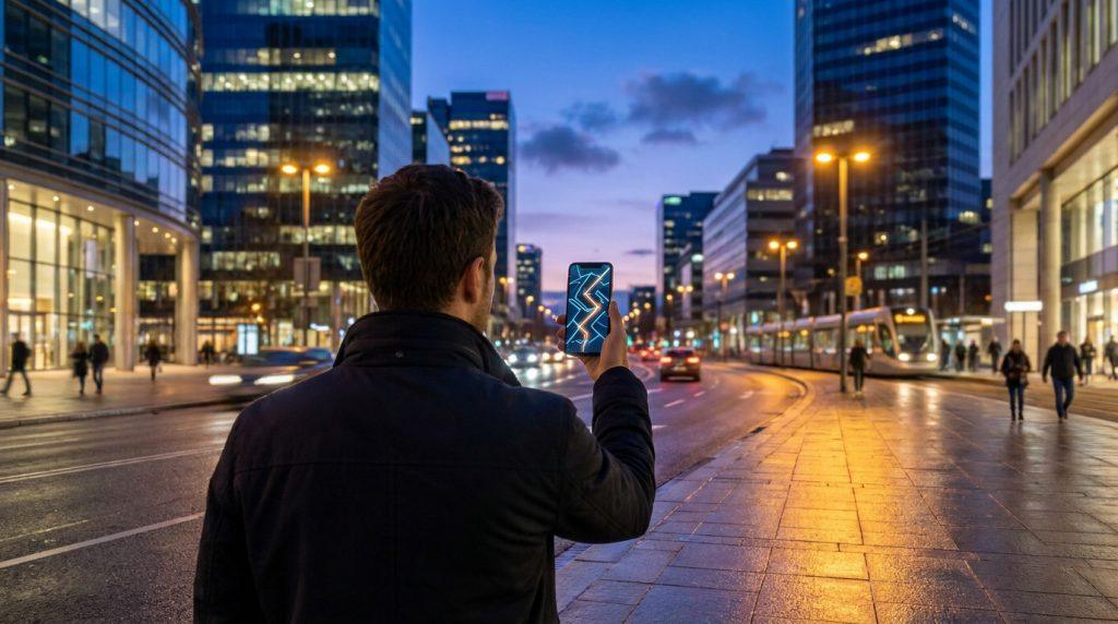 Un homme tenant un smartphone avec une carte interactive sur fond de ville moderne illuminée à la tombée de la nuit.
