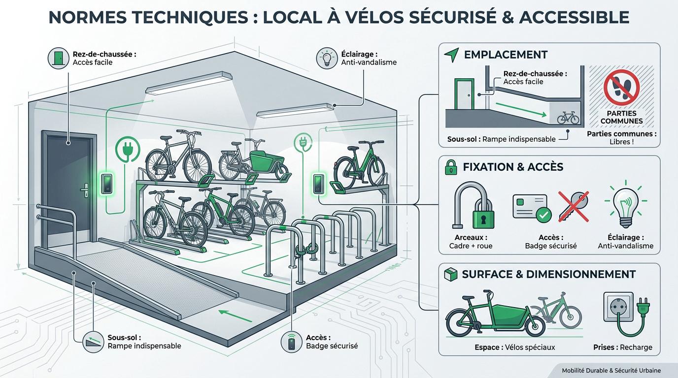 Aménagement d'un local à vélos sécurisé en copropriété avec arceaux et éclairage