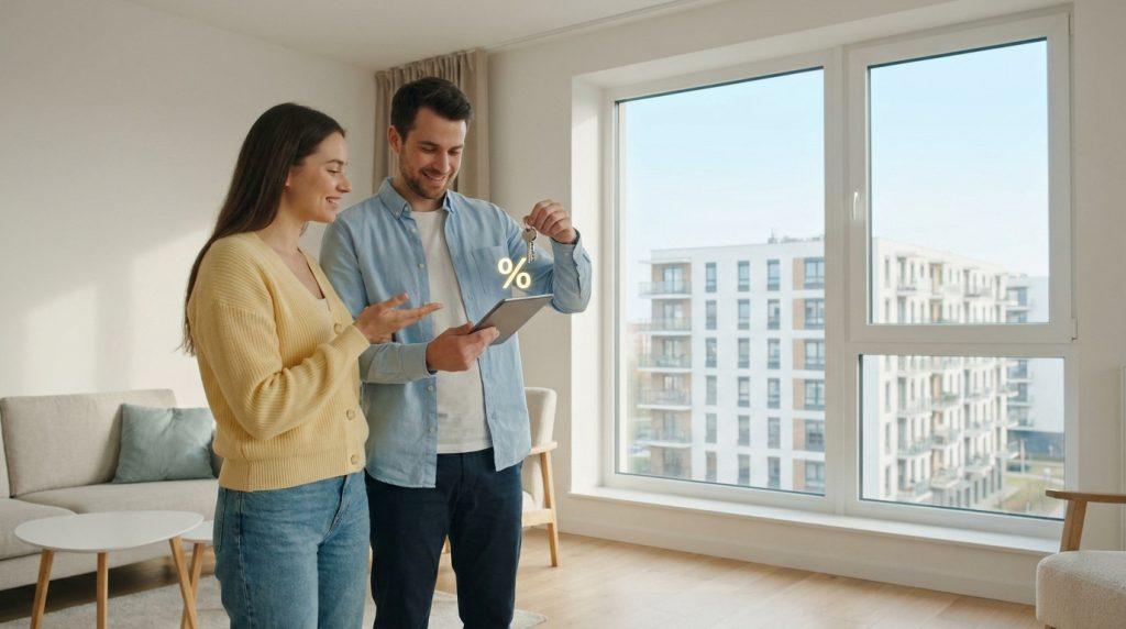 Jeune couple souriant dans un appartement, l'homme tient des clés et une tablette avec un symbole de pourcentage.