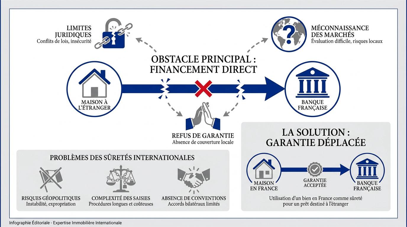 Schéma des obstacles juridiques et solutions de garantie pour un crédit immobilier international
