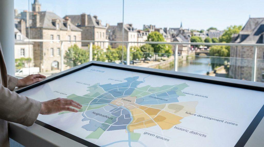 Une personne consulte une carte interactive de Vannes affichant les différents quartiers et zones de développement.