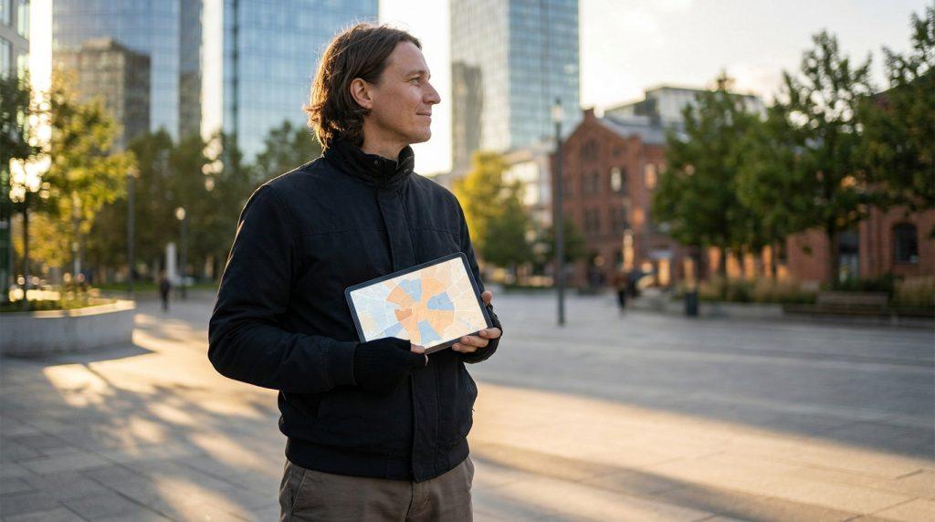 Un homme en veste noire tient une tablette affichant une carte colorée des zones urbaines d'Agen.