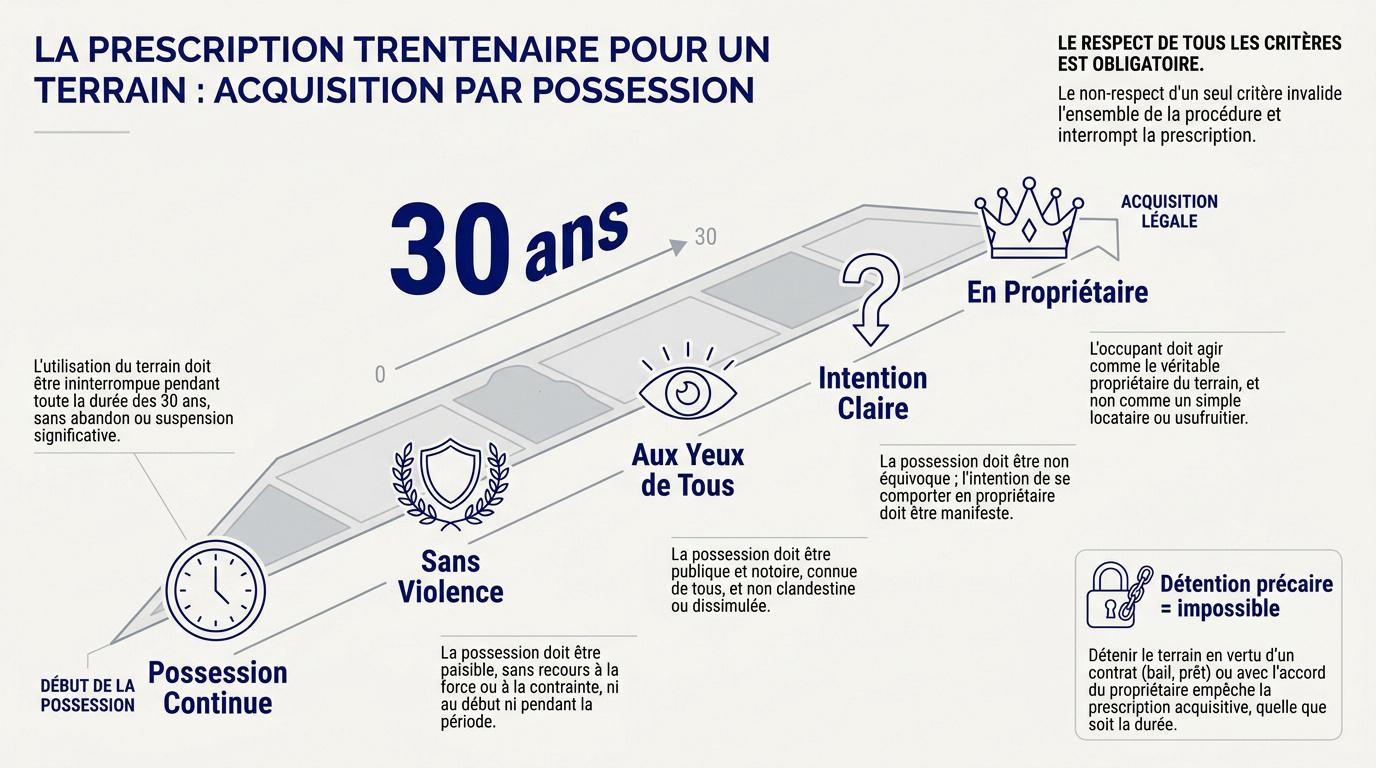 Schéma expliquant la prescription trentenaire et l'acquisition de terrain par possession prolongée