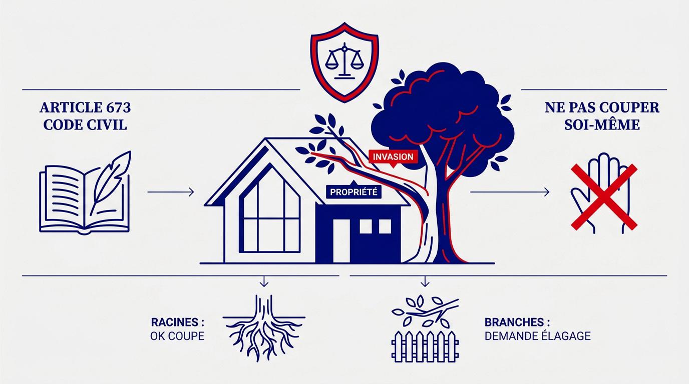Illustration de la réglementation juridique concernant l'élagage des arbres entre voisins