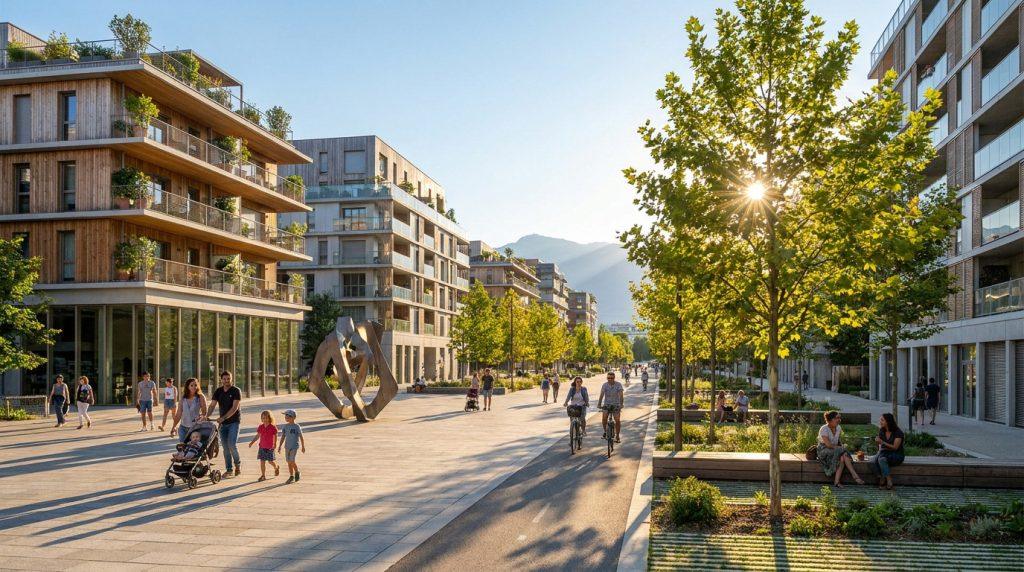 Quartier moderne à Grenoble avec immeubles en bois, espaces arborés, familles et cyclistes sous un soleil éclatant.