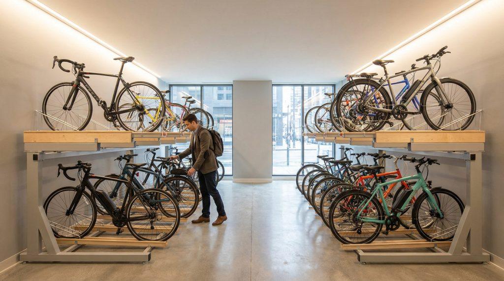 Un homme range son vélo dans un local sécurisé équipé de racks à vélos à deux niveaux dans une copropriété.