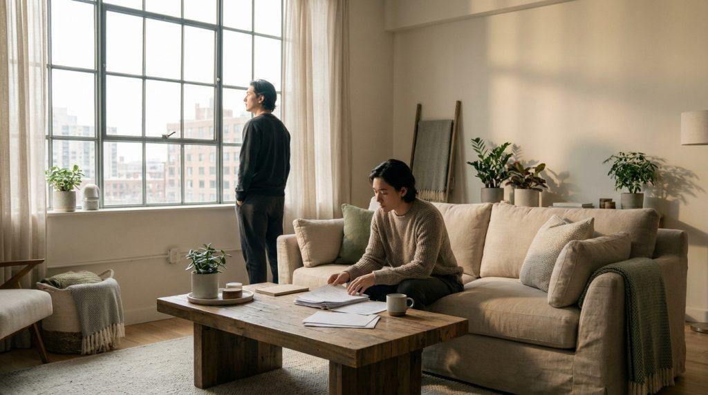 Deux jeunes hommes dans un salon lumineux, l'un réfléchit devant la fenêtre, l'autre examine des documents sur le canapé.