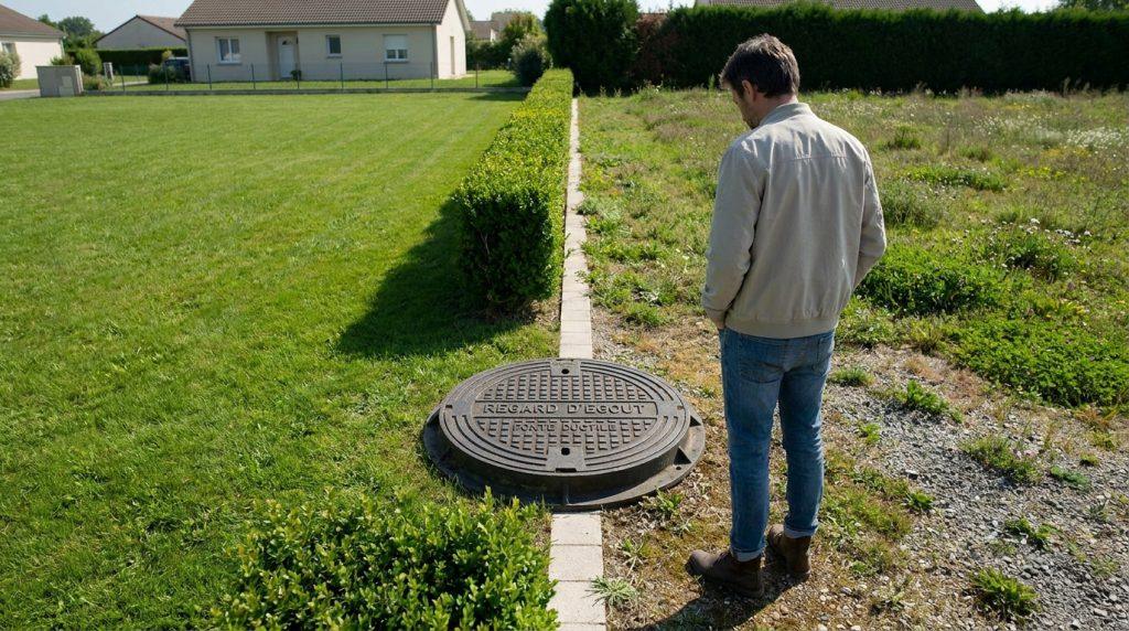 Un homme debout dans un jardin regarde un tampon d'égout en fonte situé sur sa propriété, près d'une haie.